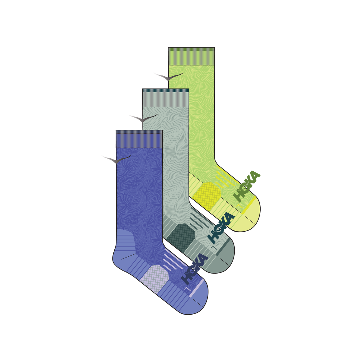 Hoka Crew Run Socks - 3 pack - Unisex, Celestial Blue/Sage/Neon Green, sock view