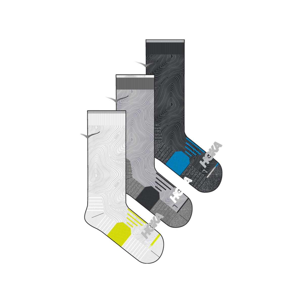 Hoka Crew Run Socks - 3 pack - Unisex, White/Black/Grey, sock view