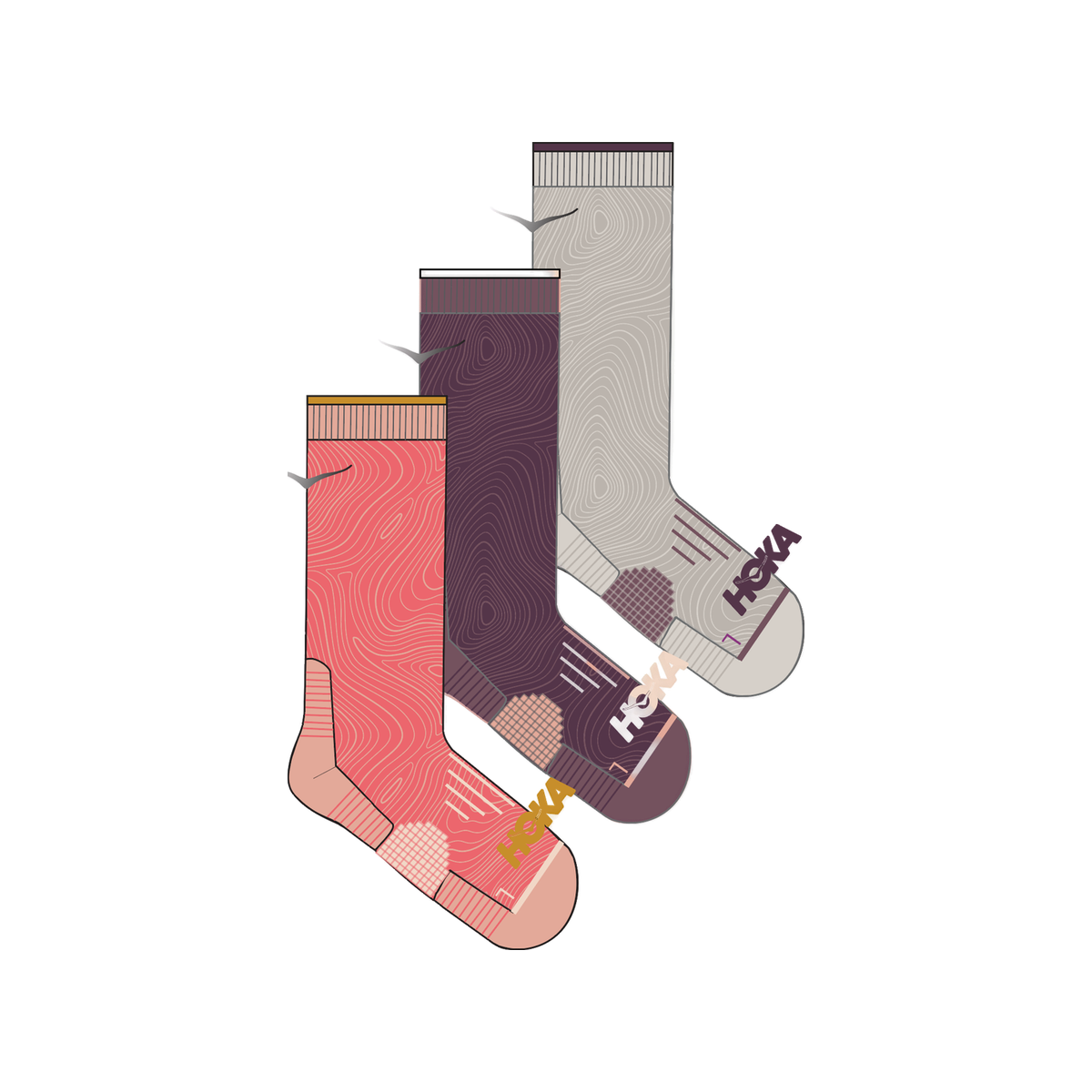 Hoka Crew Run Socks - 3 pack - Unisex, Grapefruit/Dried Fig/Putty, sock view
